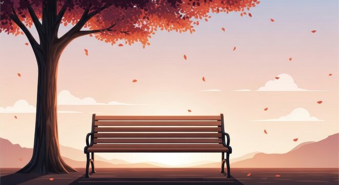 Empty wooden park bench under autumn tree with falling leaves at sunset