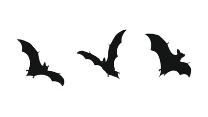 Fototapeta premium A striking trio of black bat silhouettes captured in dynamic flight, showcasing their unique wing structure and nocturnal elegance.