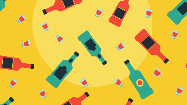 A lively seamless pattern featuring colorful liquor bottles and small shot glasses, scattered playfully across a bright yellow background.