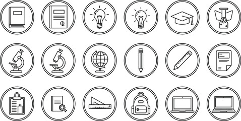 Fototapeta premium Education badge icon set with graduation cap, microscope, globe, laptop and school supplies, minimal line vector collection for learning and academic design