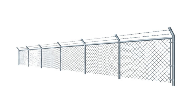 A robust chain-link fence topped with sharp barbed wire, extending into the distance, symbolizing security, boundary, and protection.