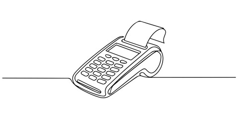 Minimalist one line art of a credit card machine terminal with receipt and payment card, Chip Card in payment terminal, drawing of bank, money, finance, financial, payment, data, savings, economic. © Gerish