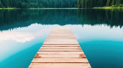 Naklejka premium Wooden pier extending into a tranquil lake reflecting surrounding trees.