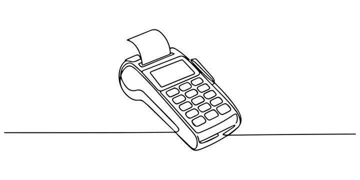 Minimalist one line art of a credit card machine terminal with receipt and payment card, Chip Card in payment terminal, drawing of bank, money, finance, financial, payment, data, savings, economic.