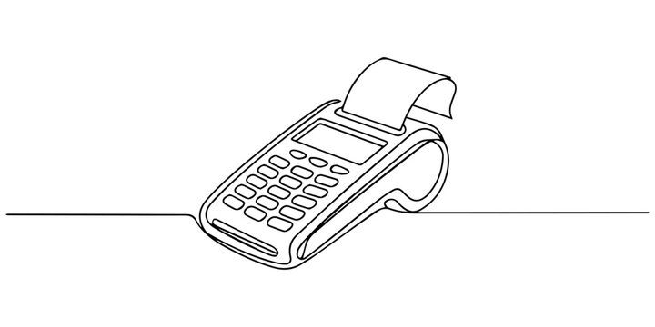 Minimalist one line art of a credit card machine terminal with receipt and payment card, Chip Card in payment terminal, drawing of bank, money, finance, financial, payment, data, savings, economic.