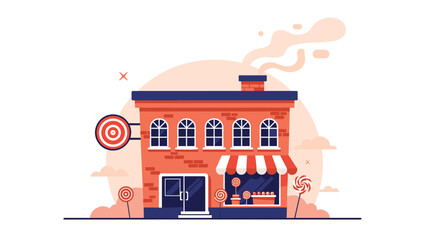 Obraz premium A charming cartoon sweet shop or candy store building, adorned with colorful lollipops outside, creating an inviting and whimsical atmosphere.