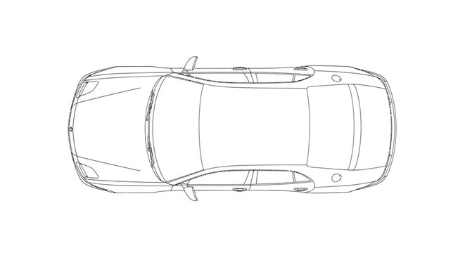 Overhead view of a generic vehicle blueprint, depicted as a precise technical drawing in black and white, showcasing the car's design and proportions against a stark white background