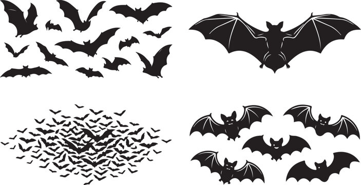 Black bat silhouettes collection, flying vampire bat vector set, spooky halloween animal icons, dark flying swarm of bats on white background