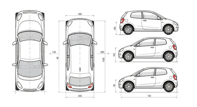 Technical blueprint of a white hatchback car, presented in multiple orthographic views including top, front, and side elevations, with precise dimensions and a clean, technical illustration