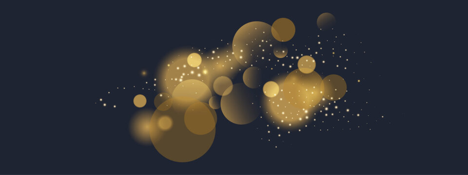 Abstract gold bokeh vector background. Warm golden blurred circles drifting with glitter particles on dark backdrop, symbolizing luxury, magic, festive, and Christmas overlay.