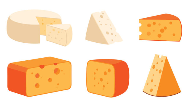 A collection of various cheese types in cartoon style, including round, rectangular, and triangular pieces, offering diverse culinary applications.