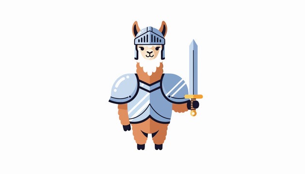 Adorable llama character depicted as a courageous knight in shining armor, holding a mighty sword, prepared for valorous adventures and fantasy quests