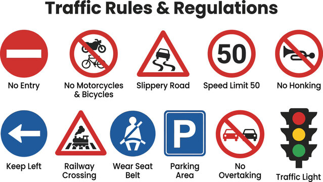 Collection of traffic rules and regulations signs essential safety symbols for road awareness vector illust
