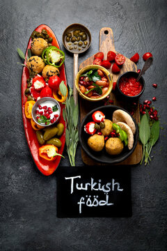 Assorted Arabic meze and appetizers.
