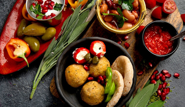 Assorted Arabic meze and appetizers.