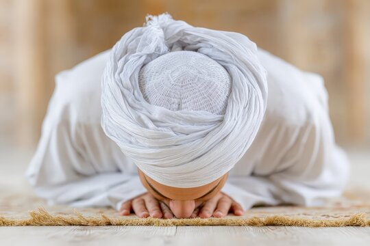 Muslim man performing prostration sujud in mosque on prayer mat for religious worship background and spiritual devotion imagery for faith design