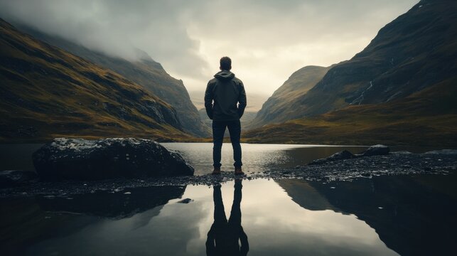 Man Standing at Water's Edge in Mountain Valley