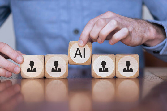 Artificial intelligence transforming human resources. Placing AI wooden blocks among human icons. AI transforming human resources, recruitment automation, workforce transformation, the future of work.