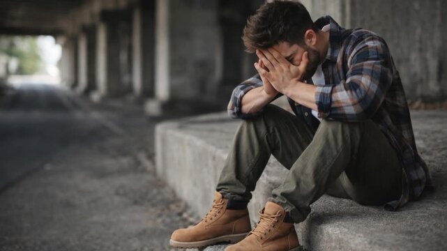 Depressed man suffering for depression on ground street.

