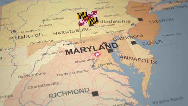 Maryland state map with a waving flag pin and major cities like Baltimore and Annapolis in a vintage style.
