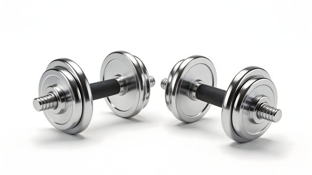 Pair of metallic dumbbells on white background