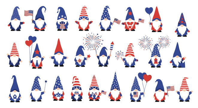 Large set of patriotic garden gnomes dressed in red white and blue outfits with stars and stripes for Independence Day.