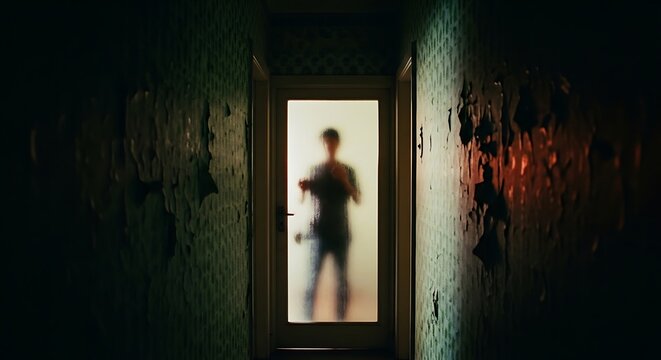 A blurred figure stands in a doorway at the end of a dimly lit, decaying hallway with peeling walls.