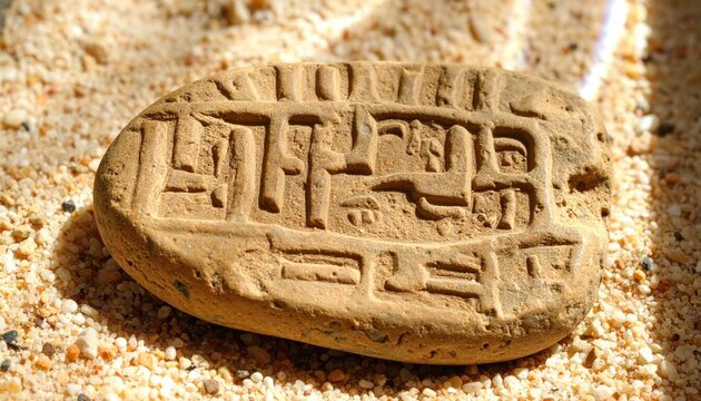 Ancient Sumerian Cuneiform Script Pressed Into Irregular Clay Tablet Showing Early Writing System