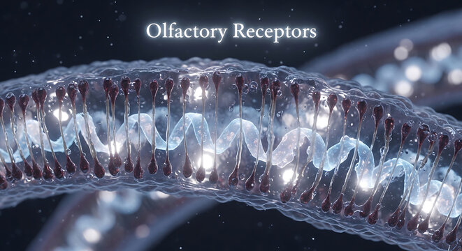 The intricate structure of olfactory receptors is visualized in a detailed 3D illustration of DNA.