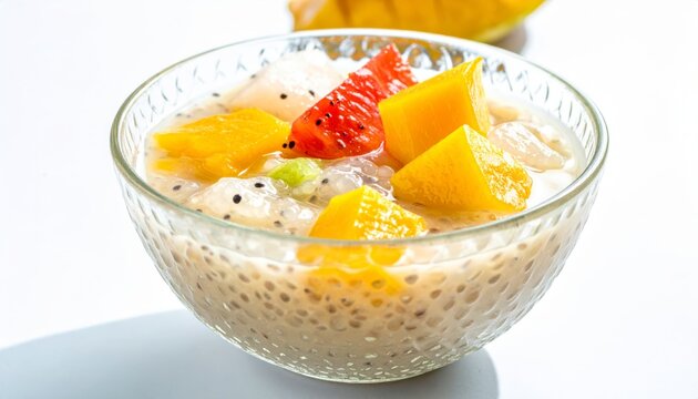 Chilled sago soup with assorted fruits like mango and pomelo, a refreshing dessert in a glass bowl