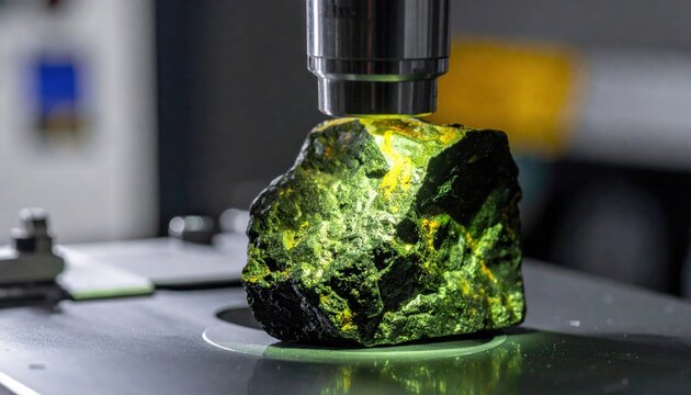 A rough chunk of uranium ore exhibiting a dense, dark texture with glowing greenish and yellow highlights under examination.