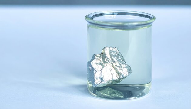 A shiny piece of silvery lithium metal submerged in clear mineral oil within a glass container