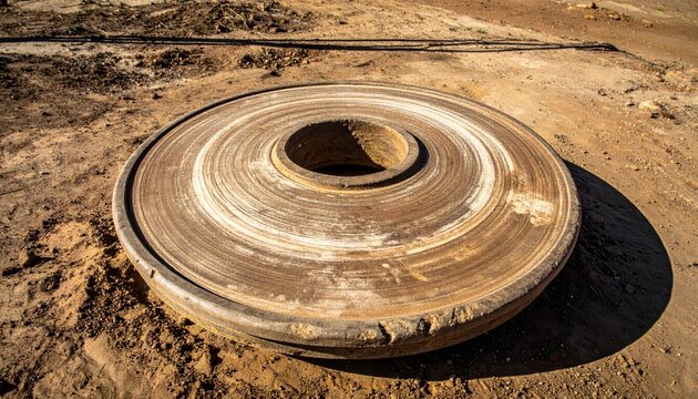 A large circular grinding stone with a central depression showing signs of extensive use and age, resting on dirt ground.