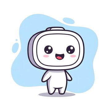 Cute chibi robot with square TV screen head rosy cheeks white body kawaii cartoon