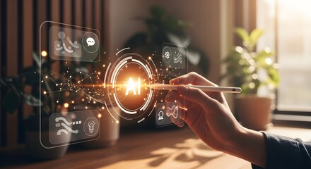 Fototapeta premium A hand interacts with a holographic display showcasing artificial intelligence and network connections high quality professional detailed modern elegant stylish clean crisp