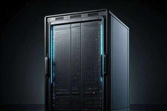 Server rack cabinet isolated on a dark background in a data center