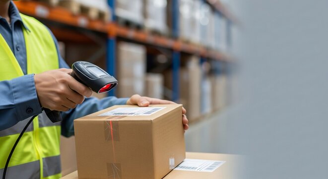 Warehouse worker scanning package with barcode reader logistics and inventory management