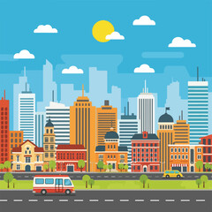 Obraz premium Colorful cityscape with buildings, vehicles, and greenery