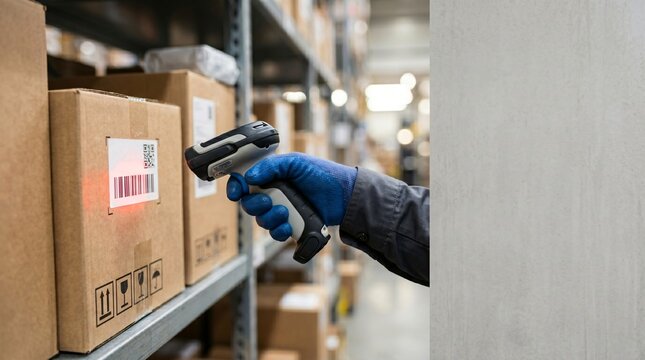 Hand in blue glove scanning barcode on cardboard box in warehouse aisle with stacked inventory