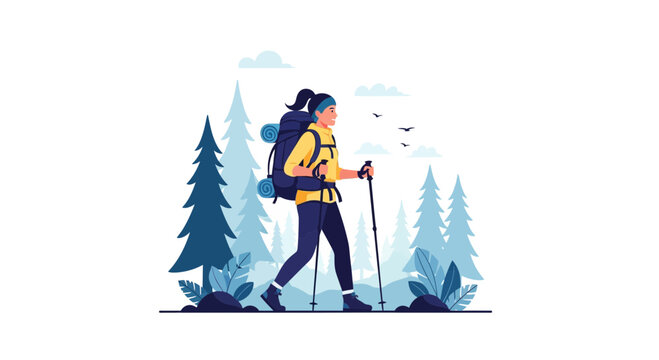 Flat vector illustration of a woman hiking through a forest with a large backpack and trekking poles, wearing a yellow jacket and headband against a white and blue background.