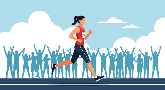 Vector illustration of a female athlete running a marathon in a red tank top with a bib number, cheering crowd silhouettes in background, blue sky with white clouds, flat style