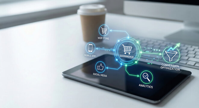 Ecommerce conversion tracking tablet analytics digital online store ecommerce conversion tracking concept tablet screen with
