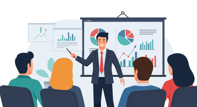 Flat vector illustration of a businessman presenting data charts and analytics on a projection screen to a group of colleagues in a professional office meeting environment.