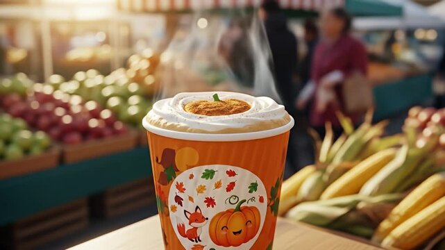 Pumpkin spice latte with cute fall design at market with blurry produce & people background
