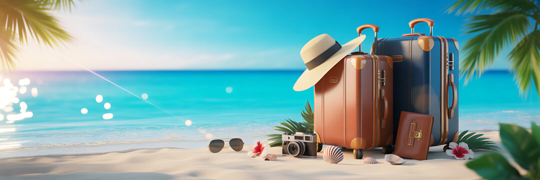Summer beach travel concept with suitcase, hat, camera and sunglasses on tropical ocean shore in 3d style