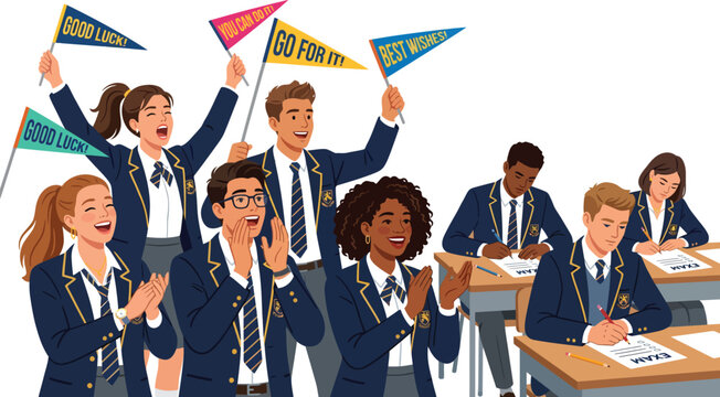 A group of diverse high school students in uniform cheering and supporting their peers during an exam