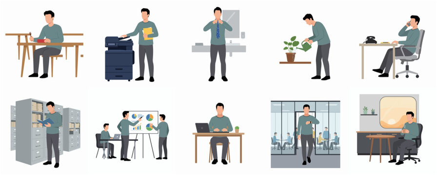Flat Illustration Various Working Activity of Young Male in The Office