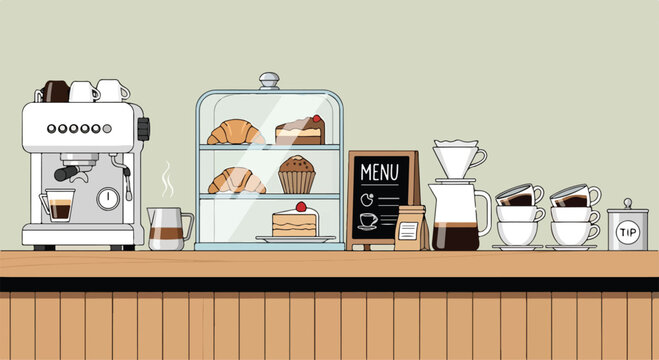 A coffee shop counter with pastries and coffee