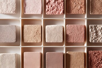 Fototapeta premium Grid of Square Texture Samples in White Tray Ranging from Beige Cream Pink Peach to Red Tones Cosmetic Material Study