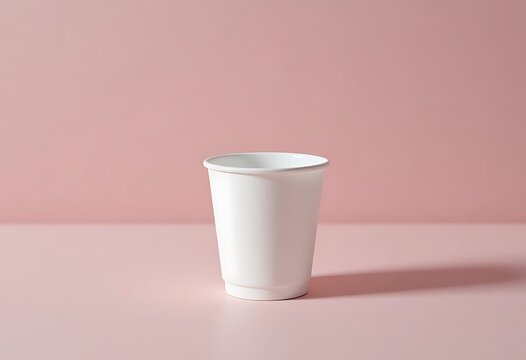 Empty white disposable coffee cup on soft pink background minimalist flat lay composition. polystyrene cupu
